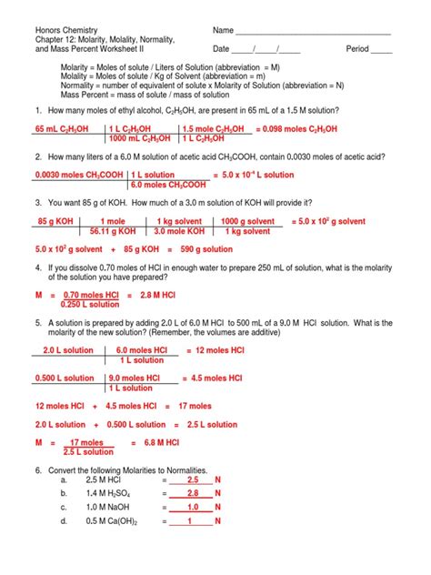 molarity and molality practice problems worksheet answers